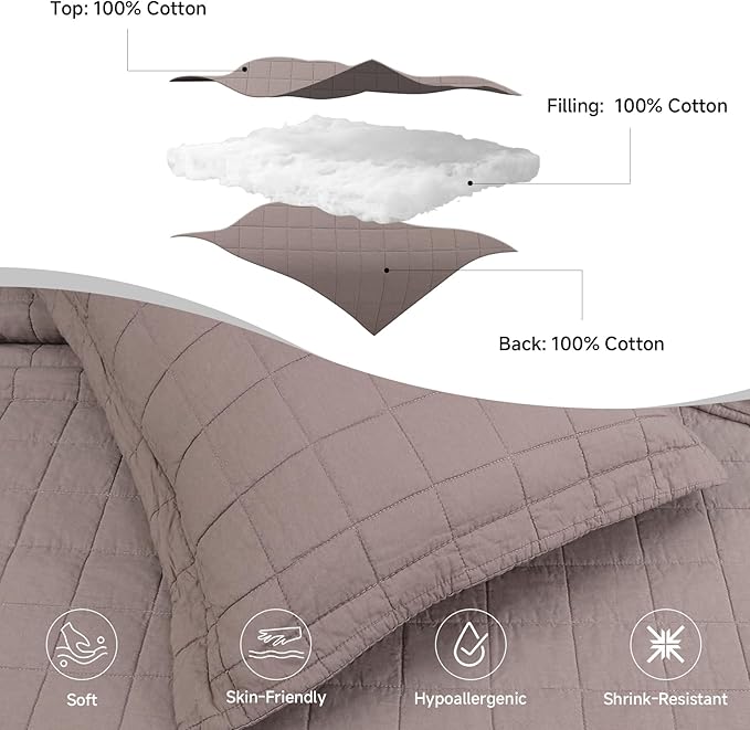 Quilt Oversized King Size Bedding Sets, 100% Cotton Lightweight Luxury Comforter Set, Oversized Extra Wide Stitching Bedspreads Coverlets with 2 Pillowcase Suitable for All Season, Brown