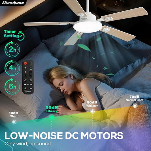 52 Inch Ceiling Fans with Lights and Remote for Bedroom Living Room Kitchen Office, Indoor/Outdoor Use, 5CCT Dimmable, 5 Blades, 6 Speed Reversible Quiet DC Motor, White/Wood Grain