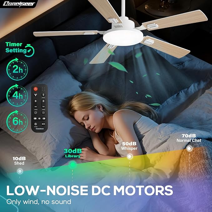 52 Inch Ceiling Fans with Lights and Remote for Bedroom Living Room Kitchen Office, Indoor/Outdoor Use, 5CCT Dimmable, 5 Blades 6 Speed Reversible Quiet DC Motor, White/Wood Grain, 2 Pack