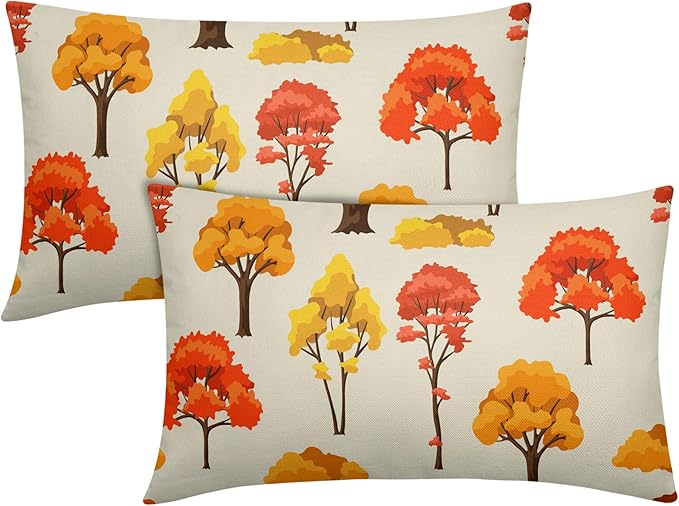 Fall Lumbar Pillow Covers 12x20 Set of 2 Red Orange Maple Tree Leaf Autumn Outdoor Pillows Case with Zipper Forest Print Pattern Decorative Cushion Rustic Decoration Farmhouse Sofa Couch Bed Decor