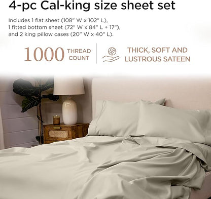 Threadmill California King Sheets, Certified American Supima Cotton Sheets, 1000 Thread Count Hotel Quality, 4 Piece Luxury Bed Sheets Set with Elasticized Extra Deep Pocket, Taupe