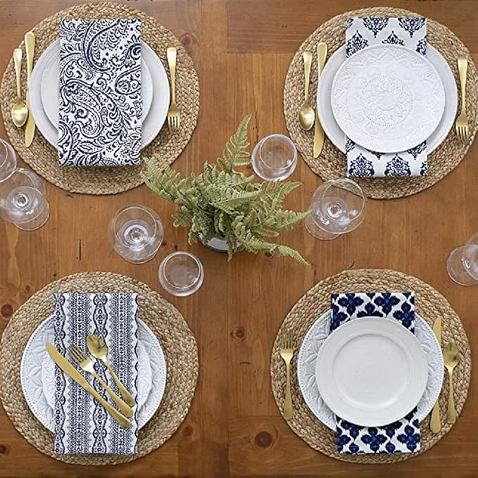Round Woven Placemats, 13'' Plate Chargers Heat Resistant Non-Slip Water Hyacinth Weave Place Mats Farmhouse Straw Braided Rattan Tablemats Wicker Placemats for Dining Table Decor Set of 6