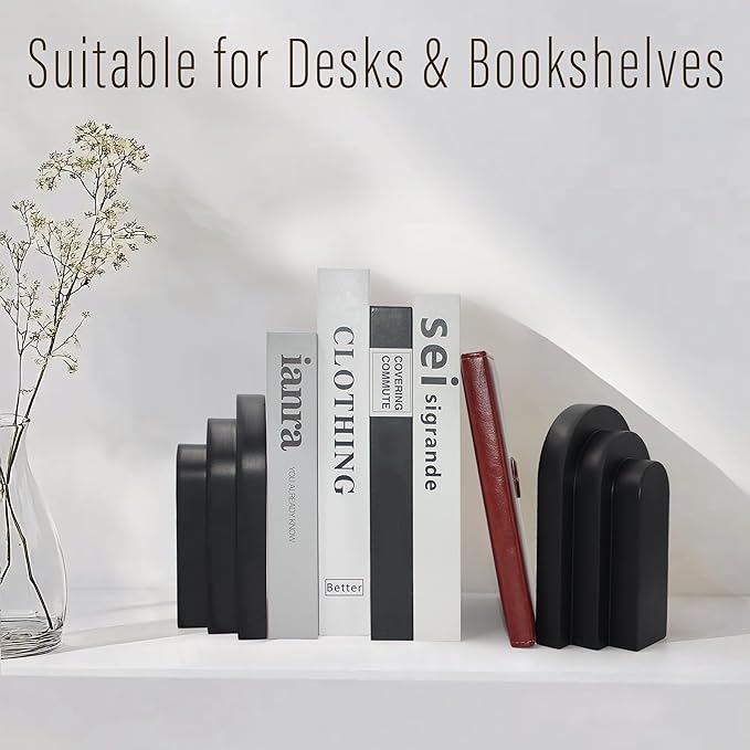 Heavy Duty Book Ends for Shelves, Decorative Bookends for Heavy Books Set of 2, 6.6 LBS Modern Book Stopper for Home Decor, Bookshelf, Aesthetic Bookend with Layered Arch Design, Black