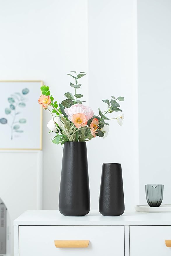 11 Inch Tall Matt Black Ceramic Vase for Flowers & Pampas Grass, Classic Rustic Style Decorative Vases for Home Decor Table Centerpieces