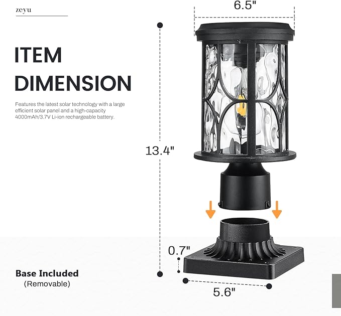 zeyu Outdoor Solar Column Light with Pier Mount, Exterior Post Lighting Fixture with Remote, Die-Cast Aluminum with Water Ripple Glass Shade, Black Finish, ZX48P-WG SL BK