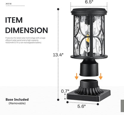 zeyu Outdoor Solar Column Light with Pier Mount, Exterior Post Lighting Fixture with Remote, Die-Cast Aluminum with Water Ripple Glass Shade, Black Finish, ZX48P-WG SL BK