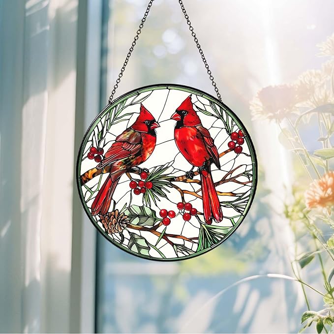 Cardinal Sun Catcher Stained Glass Window Hanging Cardinal Decor Lovers Gifts for Women Handmade Sun Catcher Decoration for Garden Home Housewarming Gifts