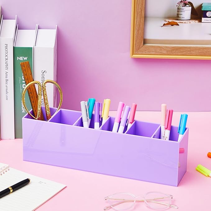 Jetec Acrylic Pen Holder 6 Compartments Makeup Brush Stationery Organizer Pencil Holder for Desk Accessories, Cosmetic Brushes, Dorm, Home, Bathroom, Kitchen, Office Supplies(Purple)