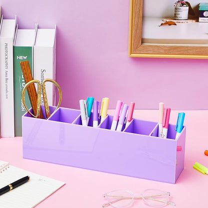 Jetec Acrylic Pen Holder 6 Compartments Makeup Brush Stationery Organizer Pencil Holder for Desk Accessories, Cosmetic Brushes, Dorm, Home, Bathroom, Kitchen, Office Supplies(Purple)