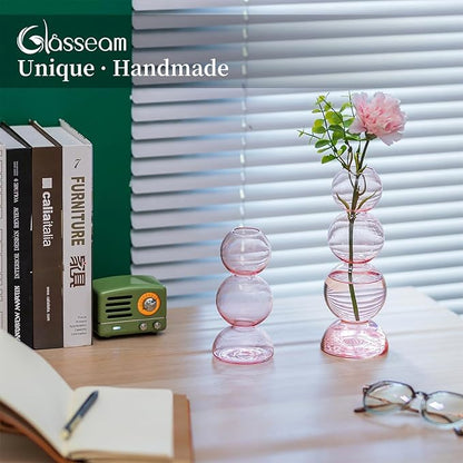 Glasseam Pink Vase for Flowers, Cute Handmade Glass Vase Set of 2, Aesthetic Small Bud Vase Decor, Unique Hydroponic Plant Vases, Decorative Round Ball Bubble Vase for Living Room Decorations