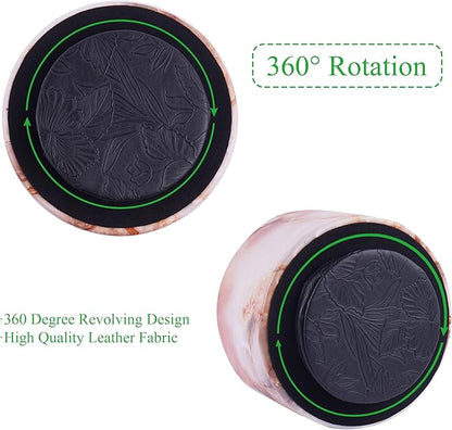 Round Leather Art Supply Organizer,Remote Control Holder,360-degree Rotating Pen Organizer with 4 Compartments(1-Marble Pink)