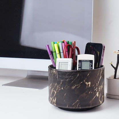 Round Leather Art Supply Organizer,Remote Control Holder,360-degree Rotating Pen Organizer with 4 Compartments(1-Marble Black Gold)