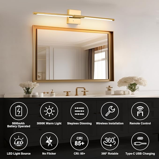 Gold Battery Operated Wall Sconces, Dimmable Wall Sconces with Remote Control, Rechargeable Sconces Wall Lighting, 40″ LED Wireless Wall Lights for Bedroom, Living Room, Bathroom