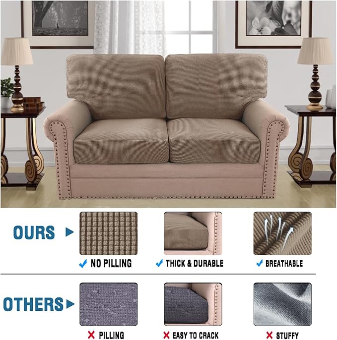 H.VERSAILTEX Multi-Pieces Loveseat Covers for 2 Cushion Couch High Stretch Couch Cushion Covers Jacquard Textured Twill Fabric(2 Seat Covers Plus 2 Back Cushion Covers, Macchiato)