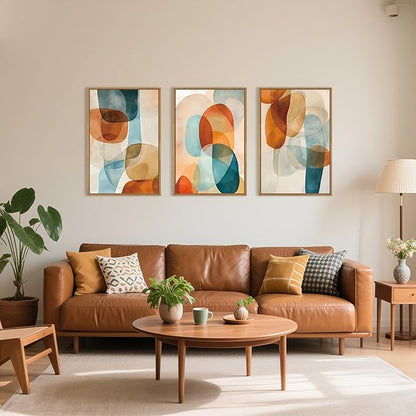 Large Abstract Color Block Framed Canvas Wall Art,Boho Orange and Blue Ovals Wall Decor,Modern Colorful Shape Artwork,Watercolor Geometric Art Print for Living Room,Bedroom,Office- 24"x36"x3