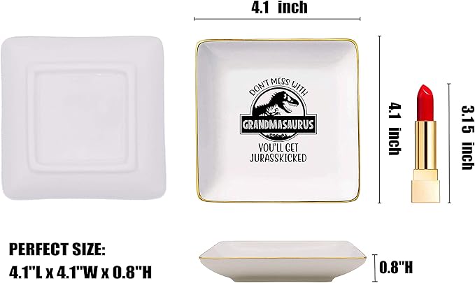 Funny Mother's Day Gift for Grandma from Grandchild - Best Nana Ever - Don't Mess With Grandmasaurus - Ceramic Jewelry Holder Box Ring Dish Trinket Tray for Birthday, Christmas
