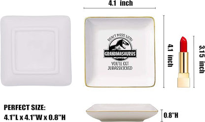 Funny Mother's Day Gift for Grandma from Grandchild - Best Nana Ever - Don't Mess With Grandmasaurus - Ceramic Jewelry Holder Box Ring Dish Trinket Tray for Birthday, Christmas
