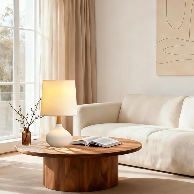 14" Ceramic Table Lamp Set of 2 with Natural Wood Stem & Linen Shade for Bedroom Decor,Modern Farmhouse Small Bedside Lamp for Nightstand, Living Room & Office (White)