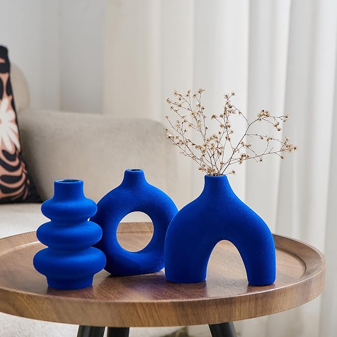 Ceramic Navy Blue Vase Set of 3, Small Flower Vases for Pampas Grass, Modern Boho Vase for Decor, Flocked Navy Blue Round Vases Centerpieces for Wedding Living Room Bedroom Coffee Table Entryway Table
