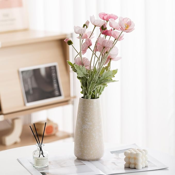 Beige Vase - 8" White Textured Vase, Pampas vase, Boho Rustic Vases for Home Decor, Farmhouse Decor, Minimalist Cream Modern Flower vases for Centerpieces, Living Room, Bedroom