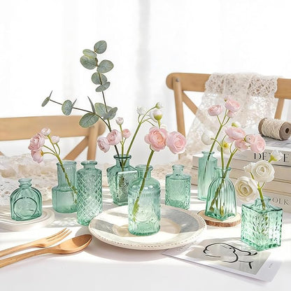 Aqua Green Glass Bud Vase Set of 12, Vintage Mini Flower Vases for Centerpieces, Wedding Table, Assorted Textured Small Glass Vase Bulk for Baby Shower, Bridal Shower, Parties, Home Decor