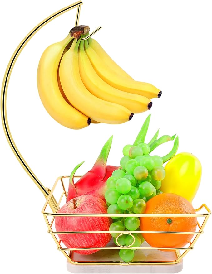 Livabber Countertop Fruit Basket Bowl with Banana Hanger, Modern Standing Fruit Vegetable Bowl Storage, with Banana Tree Holder for Kitchen Dinning Table (Square Marble, Gold)