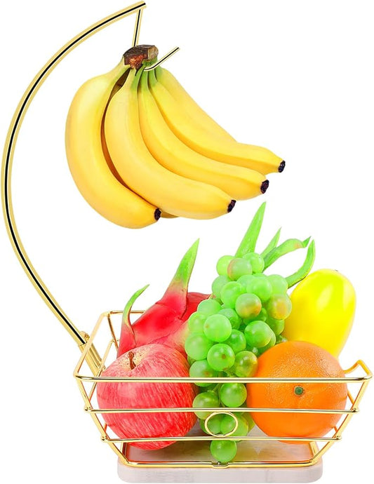 Livabber Countertop Fruit Basket Bowl with Banana Hanger, Modern Standing Fruit Vegetable Bowl Storage, with Banana Tree Holder for Kitchen Dinning Table (Square Marble, Gold)