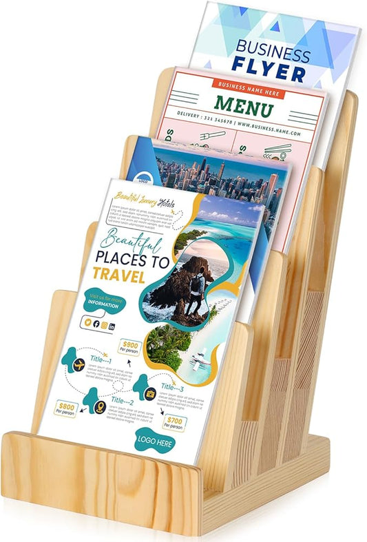 4 Tier Pine Wood Brochure Display Stand 6 x 9 inch Brochure Holder Pamphlet Display Stand for 5.5 x 8.5 inch 5 x 7 inch Booklets Menus Postcard Holder Multi Purpose Organizer