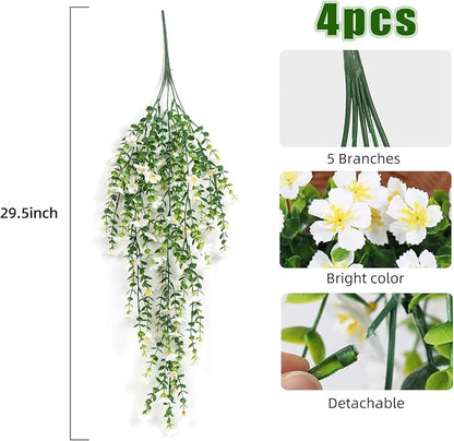 RECUTMS Artificial Flowers for Outdoors Fake Hanging Flowers Plants 4 Pcs UV Resistant Silk Daisy Flower Realistic Faux Trailing Vine for Wall Yard Porch Balcony Indoor Outdoor Planters (White)