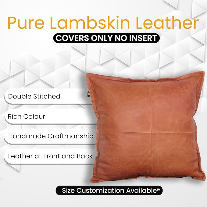LL LEATHER LOVERS Lambskin Leather Pillow Cover - Sofa Cushion Case - Decorative Throw Covers for Living Room & Bedroom, 18x18 Inches - Tan Orange Box Pack of 1