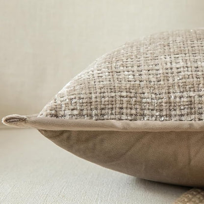 Yaertun Pack of 2 Chenille Textured Decorative Throw Pillow Covers Accent Solid Cushion Cover Soft Cozy Pillow Case with Velvet Back for Couch Sofa Bed Living Room 12x20 Inch Khaki