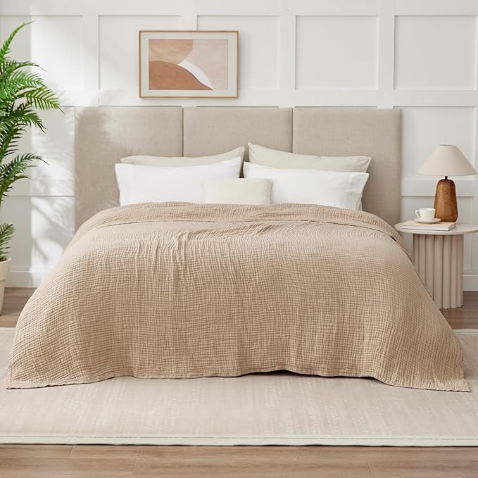 Cooling Throw Blanket Twin XL 66" x 90", 6 Layers Muslin Blankets 100% Cotton, Breathable and Lightweight Twin Blanket for Bed, Soft Bedspread, Gauze Bedding for All Season, Beige Linen