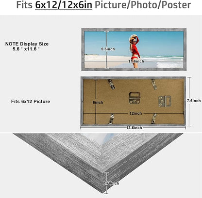 6x12 Frame Distressed Gray, Rustic 12x6 Picture Frame Grey, Art Pic Poster Frame, 6 by 12 Gallery Family Concert Portrait Photo Frame Horizontal Vertical Display Gift