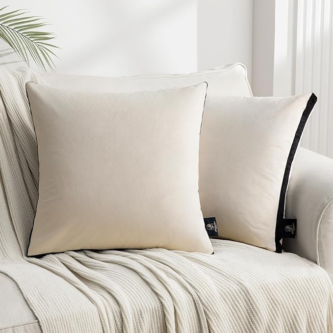 Phantoscope Pack of 2 Velvet Throw Pillow Covers, Decorative Soft Velvet Pillows Accent Double-Sided Gusseted Design, Square Cushion Case for Couch Sofa Bed, Off White, 18 x 18 inches 45 x 45 cm