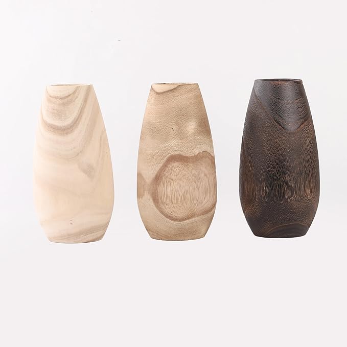Handmade Eco-Friendly Wooden Vase Set - Natural Solid Paulownia Wood Vases for Home Decor, DIY Hand-Painted Design, Unbreakable Decorative Gift Set (7”, 10”, 12”) (Light Conical Vase 5.7×10.6in)