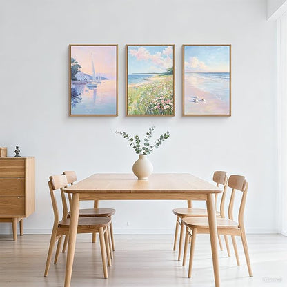 Pink Pastel Coastal Colorful Wildflower Framed Canvas Wall Art Set,Watercolor Preppy Floral & Sailboat Seascape Decor,Dreamy Textured Beach Artwork for Living Room,Bedroom,Farmhouse-16 x24 x3