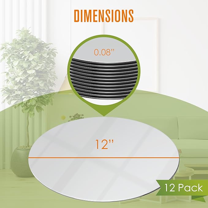 Houseables Mirror Centerpieces for Tables, Round Mirrors for Centerpieces, Mirrored Trays, Round Table Plate Tray, Circle, Glass Charger, Wedding, Center Piece, Small, Base, Candle, 12 Inch, 12 Pack