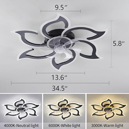 35" Black Modern Ceiling Fan with Light Remote Control, 3 Light Color 6 Speeds Samll Low Profile Ceiling Fan for Bedroom Kitchen