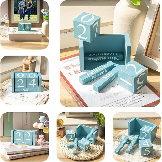 Framendino, Blue Vintage Wood Calendar Rustic Block Chic Perpetual Desktop Wooden Cubes Calendars for Home Office Desk Decoration