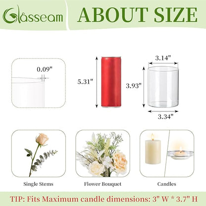 Glasseam Glass Cylinder Vases for Centerpieces, Small Clear Flower Vase Set of 12, Modern Floating Candle Vases Decor, Decorative Hurricane Candle Holders for Wedding Dining Table Decorations, 4in