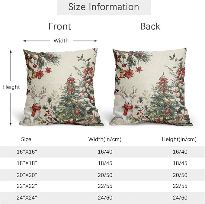 Christmas Pillow Covers 24x24 Set of 2 Green Tree Throw Pillow Covers Winter Pillowcase Linen Decoration Farmhouse Bell Deer Cozy Soft Cushion Case Couch for Indoor Outdoor Home Decor