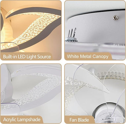 27" White Geometric Ceiling Fan with Light Remote Control, 3 Light Color 6 Speeds Flush Mount Low Profile Ceiling Fan with Light for Bedroom Kitchen