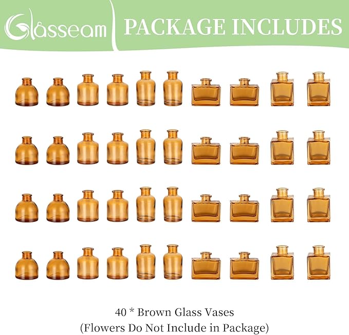 Glass Bud Vases in Bulk: Glasseam Brown Mini Flower Vases for Centerpieces Set of 40 Modern Decor Small Vase for Flowers Cute Decorative Wedding Table Centerpice for Dining Room Decoration