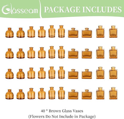 Glass Bud Vases in Bulk: Glasseam Brown Mini Flower Vases for Centerpieces Set of 40 Modern Decor Small Vase for Flowers Cute Decorative Wedding Table Centerpice for Dining Room Decoration