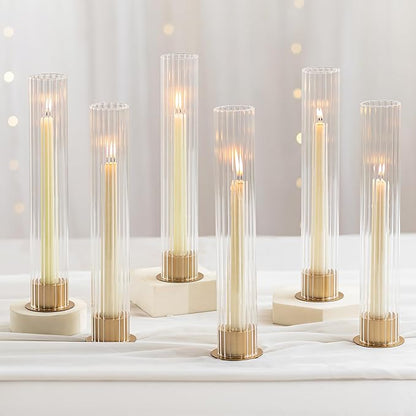 NUPTIO Candlestick Holder with Fluted Hurricane: Set of 6 Metal Candle Holders with Glass Cylinders - Gold Taper Candleholders for Birthday Valentine Wedding Table Centerpiece Outdoor Decor