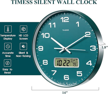 Wall Clock, 14" Large Dial Non-Ticking Silent Battery Operated Analog with LCD Display for Perpetual Calendar and F° Temperature, Ideal Modern Home, Bedroom, Kitchen, Office Decor(Green)