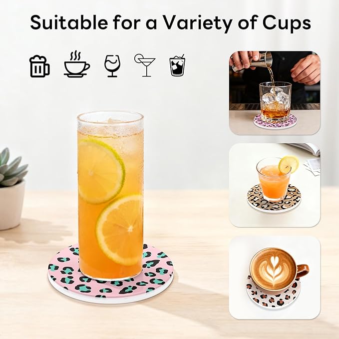 6-Piece Ceramic Coaster Set with Tray Diameter: 3.94 in Thickened Absorbent Material Heat-Resistant and Water-Absorbent Coaster Set Suitable for All Types of Cups， Leopard Print