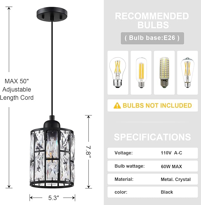2 Pack 1 Light 5.3" Crystal Hanging Kitchen Island Pendant Light Black Finish,Concise Pendant Fixture Crystal Plate Metal Shade for Bar,Dining Room,Living Room Over Sink