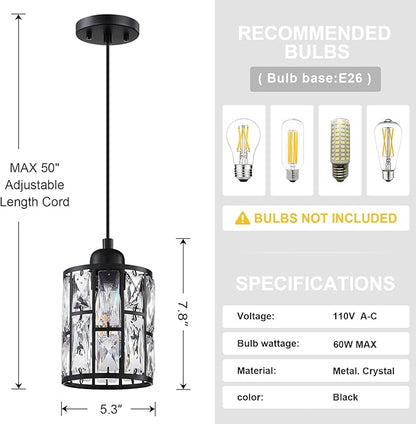 2 Pack 1 Light 5.3" Crystal Hanging Kitchen Island Pendant Light Black Finish,Concise Pendant Fixture Crystal Plate Metal Shade for Bar,Dining Room,Living Room Over Sink