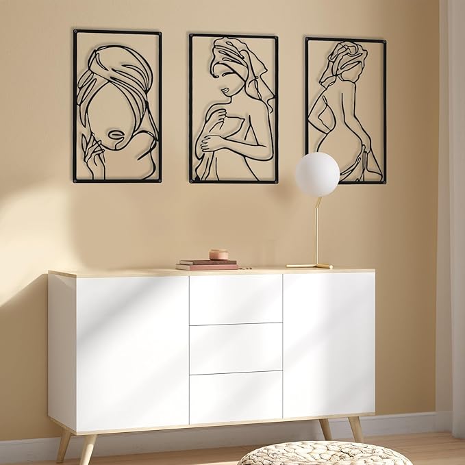 CHENGU 3 Pieces Metal Minimalist Abstract Woman Wall Art Line Drawing Wall Art Decor Single Line Female Home Hanging for Kitchen Bathroom Living Room